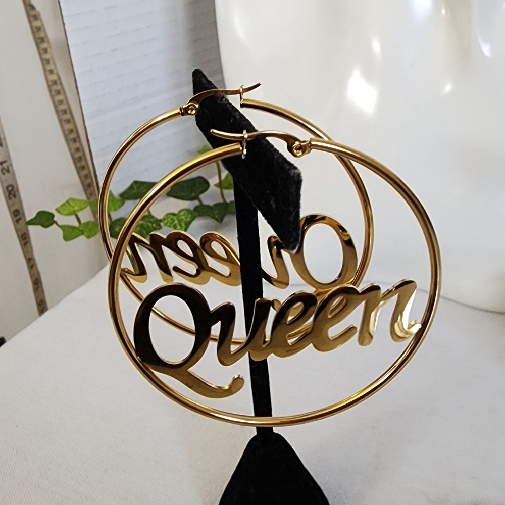 Gold Stainless Steel Queen Hoop Earrings - Picture 4 of 6